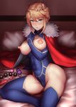 ahoge anal_beads artoria_pendragon_(all) artoria_pendragon_(lancer) blonde_hair blue_legwear blush braid breasts cape crown fate/grand_order fate_(series) green_eyes highres kageshio_(276006) large_breasts long_hair looking_at_viewer nipples open_clothes red_cape sex_toy solo thighhighs vibrator 