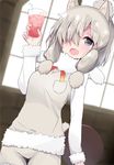  :d alpaca_ears alpaca_suri_(kemono_friends) alpaca_tail animal_ears commentary cowboy_shot doorknoble drink drinking_straw fur_collar fur_trim glass grey_eyes grey_hair hair_over_one_eye highres japari_symbol kemono_friends long_hair looking_at_viewer open_mouth ponytail smile solo tail tray 