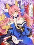  animal_ears bare_shoulders black_legwear blue_bow blush bow breasts cleavage eyebrows_visible_through_hair fate/extella fate/extra fate_(series) hair_bow index_finger_raised large_breasts long_hair looking_at_viewer open_mouth pingo pink_hair smile solo tamamo_(fate)_(all) tamamo_no_mae_(fate) thighhighs twintails yellow_eyes 