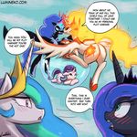  2017 blush daybreaker_(mlp) dialogue english_text equine female feral fire flying friendship_is_magic group horn lumineko mammal my_little_pony nightmare_moon_(mlp) open_mouth princess_celestia_(mlp) princess_luna_(mlp) sibling sisters starlight_glimmer_(mlp) text unicorn winged_unicorn wings 