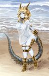  arms_behind_back barbariank beach blonde_hair blue_skin bottomless breasts cleavage commentary day dragon_girl dragon_tail dungeons_and_dragons english_commentary footprints full_body gold gold_dragon_(d&amp;d) highres horns knees_together_feet_apart large_breasts leaning_forward long_hair looking_at_viewer monster_girl naked_shirt no_bra no_panties ocean outdoors personification sand scales see-through shirt short_sleeves slit_pupils smile solo standing tail thighs water water_drop waves wet wet_clothes wet_shirt wet_t-shirt yellow_eyes 