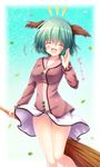  :d ^_^ animal_ears bamboo_broom breasts broom closed_eyes collarbone commentary_request green_hair happy highres kasodani_kyouko leaf medium_breasts miniskirt open_mouth osashin_(osada) short_hair skirt smile solo thigh_gap thighs touhou white_skirt wind wind_lift |d 
