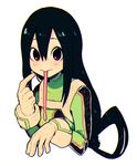  asui_tsuyu black_hair bodysuit boku_no_hero_academia commentary gloves hair_between_eyes hair_rings long_hair long_tongue low-tied_long_hair pointing pointing_at_self shiu_(pika) simple_background solo tongue tongue_out uniform upper_body white_background 