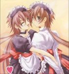  2boys blush brown_eyes collar crossdressing heart hug long_hair maid multiple_boys pink_hair red_eyes ribbon shota sukisho very_long_hair wink 