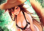  animal_ears bare_shoulders blush breasts brooch brown_hair cleavage collarbone dress hat imaizumi_kagerou jewelry large_breasts long_hair looking_at_viewer mokokiyo_(asaddr) no_bra open_mouth red_eyes slit_pupils smile solo straw_hat sundress tail touhou wolf_ears wolf_tail 