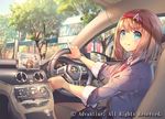  advantiar aguy aqua_eyes blonde_hair blush bracelet building car_interior eyebrows_visible_through_hair hairband jewelry looking_at_viewer necktie official_art red_neckwear right-hand_drive sitting smile solo speedometer steering_wheel tree 