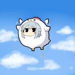  blush chicken_costume cloud commentary day flying kishin_sagume short_hair silver_hair sky touhou twumi 
