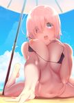  :o ahoge barefoot beach bikini black_bikini breasts cleavage day fate_(series) finger_to_chin highres hisayaki_kyuu large_breasts looking_at_viewer lying mash_kyrielight nipples open_mouth pink_hair purple_eyes short_hair solo spread_legs swimsuit umbrella 
