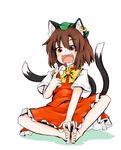 :d animal_ears brown_hair bug butterfly butterfly_sitting cat_ears cat_tail chen frilled_skirt frills insect kuroneko_(kuroi-neko) multiple_tails open_mouth red_eyes shirt short_hair short_sleeves skirt smile tail touhou two_tails vest 