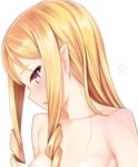  bad_id bad_twitter_id blonde_hair brown_eyes close-up collarbone commentary drill_hair eromanga_sensei kanzaki_muyu long_hair looking_away looking_down nude open_mouth pointy_ears sidelocks simple_background solo sparkle upper_body white_background yamada_elf 