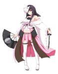 bare_shoulders black_hair boots breasts detached_sleeves fan fox_mask full_body holding holding_fan holding_weapon japanese_clothes kichihachi kubota_(oshiro_project) large_breasts long_hair looking_at_viewer mask midriff nontraditional_miko official_art oshiro_project oshiro_project_re pink_skirt pleated_skirt purple_eyes short_sword skirt solo sword thigh_boots thighhighs transparent_background weapon 