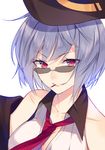  aotetsu black_hat blue_hair breasts cleavage collarbone eyebrows_visible_through_hair girls_frontline hat large_breasts looking_at_viewer necktie parted_lips red_eyes red_neckwear short_hair signature smile solo sunglasses teeth thompson_submachine_gun_(girls_frontline) upper_body 