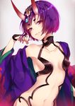  bob_cut breasts fang fang_out fate/grand_order fate_(series) fujikiri_yana grey_background highres horns japanese_clothes kimono light_smile looking_at_viewer navel oni oni_horns open_clothes open_kimono purple_eyes purple_hair short_hair shuten_douji_(fate/grand_order) small_breasts solo 