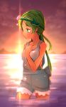  akainizakana bare_shoulders blush breasts cloud cloudy_sky dark_skin dripping flower from_side green_eyes green_hair hair_flower hair_ornament hand_on_own_chest highres light long_hair looking_to_the_side mao_(pokemon) medium_breasts mountain ocean open_eyes outdoors pokemon pokemon_(anime) pokemon_sm_(anime) shiny shiny_clothes shirt shorts sky sleeveless sleeveless_shirt solo standing standing_on_liquid sun sunlight sunset trial_captain twintails wading water water_drop wet wet_clothes wet_hair wet_shirt 