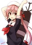  :d arms_up bangs black_serafuku eyebrows_visible_through_hair hair_between_eyes harusame_(kantai_collection) hat kantai_collection long_hair mashayuki neckerchief open_mouth pink_hair red_eyes red_neckwear rigging sailor_collar sailor_hat school_uniform serafuku short_sleeves side_ponytail sketch smile solo twitter_username very_long_hair white_hat 