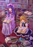  black_hat blue_bow book book_stack bookshelf bow chair crystal cup hair_bow hat hat_bow hat_removed hat_ribbon headwear_removed holding holding_book kirisame_marisa long_hair long_sleeves looking_at_another mini-hakkero multiple_girls open_book patchouli_knowledge plate potion puffy_short_sleeves puffy_sleeves purple_eyes purple_hair reading red_bow ribbon short_sleeves sitting smile spoon table tea teacup touhou wasabichan white_bow white_ribbon witch_hat 