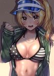  bikini blonde_hair blush breasts cleavage collarbone dark_skin eyebrows_visible_through_hair highres jacket jewelry kiritani846 large_breasts long_hair long_sleeves looking_at_viewer navel necklace open_mouth open_track_jacket original polka_dot polka_dot_bikini ponytail striped striped_bikini swimsuit teeth track_jacket upper_body yellow_eyes 