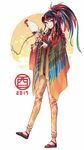 2017 aqua_eyes bird black_hair bracelet chicken chinese_zodiac choker closed_mouth commentary_request feathers flower full_body hair_flower hair_ornament headdress highres jewelry long_hair looking_at_viewer multicolored_hair nail_polish native_american native_american_headdress oopartz_yang original poncho red_hair red_nails rooster smile solo streaked_hair two-tone_hair year_of_the_rooster 