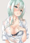  aqua_eyes aqua_hair bangs black_bow black_bra blush bow bow_bra bra breasts cleavage collarbone collared_shirt ebifurya eyebrows_visible_through_hair grey_background hair_between_eyes head_tilt highres kantai_collection long_hair looking_at_viewer medium_breasts open_clothes open_mouth open_shirt partially_unbuttoned see-through shirt sidelocks simple_background sleeves_folded_up solo suzuya_(kantai_collection) sweat underwear upper_body wet wet_clothes wet_shirt white_shirt 
