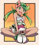  :d apron blush dark_skin flower full_body green_eyes green_hair hair_flower hair_ornament io_naomichi looking_at_viewer mao_(pokemon) open_mouth overalls poke_ball poke_ball_(generic) pokemon pokemon_(creature) pokemon_(game) pokemon_sm shoes sitting smile solo teeth trial_captain twintails 