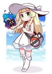  arm_up bag bangs bare_shoulders blonde_hair blue_footwear blue_ribbon blue_sky blunt_bangs blush border braid chibi closed_mouth cloud collarbone collared_dress commentary_request cosmog day dress duffel_bag gen_7_pokemon green_eyes hat hat_ribbon kneehighs lillie_(pokemon) long_hair looking_at_viewer naga_u outdoors outside_border poke_ball_theme pokemon pokemon_(creature) pokemon_(game) pokemon_sm ribbon see-through shoes sky sleeveless sleeveless_dress smile standing sun_hat sundress twin_braids white_border white_dress white_hat white_legwear 