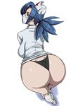  1girl ass backboob blue_hair breasts from_above from_behind hat huge_ass large_breasts leaning leaning_forward long_hair looking_back mask ml nurse nurse_cap ponytail shiny shiny_hair shiny_skin skullgirls solo thong valentine_(skullgirls) 