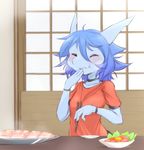  1girl blue_hair chopsticks dragon eating eyes_closed female food furry short_hair smile solo tokumori_kaisen 