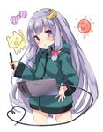  bangs blue_bow bow cosplay crescent crescent_hair_ornament cropped_legs eromanga_sensei hair_bow hair_ornament highres izumi_sagiri izumi_sagiri_(cosplay) jacket kedama_milk long_hair long_sleeves looking_at_viewer patchouli_knowledge purple_eyes purple_hair red_bow sidelocks simple_background solo stylus tablet touhou very_long_hair white_background 