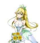  blonde_hair bouquet breasts cleavage collarbone dress elbow_gloves floating_hair flower gloves green_eyes hair_between_eyes hair_ornament high_ponytail holding holding_bouquet leafa long_hair looking_at_viewer medium_breasts official_art parted_lips pointy_ears sleeveless sleeveless_dress solo standing sword_art_online sword_art_online:_code_register transparent_background very_long_hair white_dress white_flower white_gloves yellow_flower 