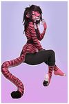  4_toes 5_fingers ambiguous_gender anthro black_hair black_nose black_stripes blue_eyes clothed clothing feline fur girly hair mammal pawpads pink_fur robyn_paperdoll simple_background sitting smile solo stripes tiger toes 