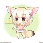  :3 animal_ears bow bowtie breast_pocket brown_eyes chibi commentary_request copyright_name extra_ears fennec_(kemono_friends) fox_ears gradient_legwear kemono_friends light_brown_hair looking_at_viewer momoniku_(taretare-13) pleated_skirt pocket scarf short_hair skirt smile solo thighhighs twitter_username zettai_ryouiki 