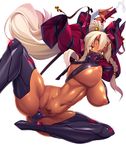  1girl breasts curvy dark_skin demon_girl female huge_breasts kycilia_oswald long_hair mask nipples potion_(moudamepo) puffy_nipples shiny_skin solo taimanin_asagi_battle_arena tattoo weapon 