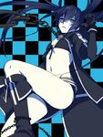  bikini black_bikini black_footwear black_gloves black_hair black_rock_shooter black_rock_shooter_(character) black_shorts blue_eyes boots breasts chain checkered checkered_background cleavage floating_hair front-tie_bikini front-tie_top gloves hair_between_eyes knee_boots long_hair midriff navel open_mouth shiromi_(ringo) short_shorts shorts small_breasts solo stomach swimsuit twintails very_long_hair 