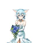  animal_ears blue_eyes blue_flower blue_hair blue_ribbon bouquet breasts cat_ears cleavage collarbone dress elbow_gloves flower gloves hair_between_eyes hair_ribbon holding holding_bouquet jewelry long_hair looking_at_viewer medium_breasts necklace official_art parted_lips ribbon short_hair_with_long_locks sidelocks sinon sinon_(sao-alo) sleeveless sleeveless_dress solo standing strapless strapless_dress sword_art_online sword_art_online:_code_register transparent_background white_dress white_gloves 