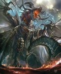  claws cloud cloudy_sky cygames dragon dragon_horns dragon_tail dragon_wings fire glowing_mouth horns knee_up lightning multiple_wings no_humans ocean official_art open_mouth orange_eyes rahab scales shadowverse shingeki_no_bahamut sky spines tail teeth tongue tongue_out water wings 