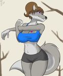  2017 anthro big_breasts breasts brown_hair canine chloe_shiwulf clothing female fur grey_fur hair hi_res mammal pawprint ponytail purple_eyes shorts simple_background smile solo stretching tattoo wolf zp92 