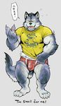  2017 anthro bulge canine claws clothed clothing invalid_tag male mammal muscular nekomarudon shirt solo t-shirt underwear wolf 