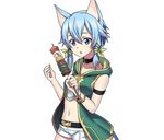  animal_ears armlet blue_eyes blue_hair cat_ears cat_tail collar collarbone cowboy_shot crop_top food green_ribbon hair_between_eyes hair_ribbon holding holding_food midriff navel official_art open_mouth ribbon short_hair_with_long_locks short_shorts shorts sidelocks sinon sinon_(sao-alo) solo standing stomach sword_art_online sword_art_online:_code_register tail transparent_background white_shorts 