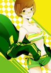  bati15 breasts brown_eyes brown_hair cleavage collarbone cowboy_shot glasses green_shorts groin midriff navel persona persona_4 satonaka_chie shiny shiny_skin short_hair short_shorts shorts small_breasts smile solo stomach yellow-framed_eyewear 