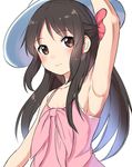  absurdres armpits bare_shoulders black_hair brown_eyes dress hair_ribbon highres idolmaster idolmaster_cinderella_girls long_hair looking_at_viewer rangen ribbon simple_background sleeveless smile solo sundress tachibana_arisu upper_body white_background 