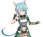  ;) animal_ears black_ribbon black_shorts blue_eyes blue_hair breastplate cat_ears cat_tail hair_ornament hair_ribbon midriff navel official_art one_eye_closed parted_lips ribbon short_hair_with_long_locks short_shorts shorts sidelocks sinon sinon_(sao-alo) slit_pupils smile solo standing stomach sweatdrop sword_art_online sword_art_online:_code_register tail transparent_background v 