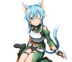  ;) animal_ears black_footwear black_ribbon black_shorts blue_eyes blue_hair blush boots breastplate cat_ears cat_tail fingerless_gloves gloves hair_between_eyes hair_ribbon looking_at_viewer midriff navel official_art one_eye_closed ribbon short_hair_with_long_locks short_shorts shorts sidelocks sinon sinon_(sao-alo) sitting slit_pupils smile solo sword_art_online sword_art_online:_code_register tail thigh_strap transparent_background 