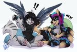  4_toes anthro black_hair canine clothed clothing digitigrade dog duo female fox fur grey_fur hair mammal pawpads pink_nose simple_background smile toes white_background wolflady 