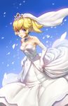  athenawyrm bare_shoulders blonde_hair blue_eyes breasts bridal_veil commentary dress gloves jewelry looking_at_viewer mario_(series) medium_breasts princess_peach solo super_mario_bros. super_mario_odyssey tiara veil wedding_dress white_dress white_gloves 