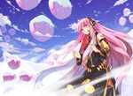  absurdres avtechno! cloud dated detached_sleeves dye_(vocaloid) headphones headset highres long_hair looking_at_viewer megurine_luka mountain pink_eyes pink_hair signature sky snow solo text_focus very_long_hair vocaloid x-boy 