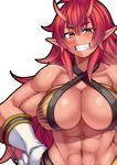  abs black_outline blush breasts cleavage commentary_request fangs gloves horns kupala large_breasts long_hair looking_at_viewer mon-musu_quest! muscle muscular_female navel outline pointy_ears red_eyes red_hair sidelocks simple_background slit_pupils smile solo teeth white_background white_gloves 
