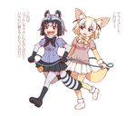  animal_ears black_hair blonde_hair bow bowtie brown_eyes common_raccoon_(kemono_friends) fennec_(kemono_friends) fox_ears fox_tail fur_collar kemono_friends multicolored_hair multiple_girls open_mouth pantyhose pleated_skirt raccoon_tail rope_train short_hair skirt tail tanuki_koubou thighhighs translated white_background 