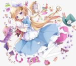  1girl alice_(wonderland) alice_in_wonderland apron bangs blonde_hair blue_dress blue_eyes blush bow brown_footwear card cat caterpillar_(wonderland) cheshire_cat club_(shape) commentary_request diamond_(shape) dress drink_me eat_me eyebrows_visible_through_hair frilled_apron frills full_body green_hat grey_background hair_ribbon hat head_tilt heart highres long_hair looking_at_viewer looking_to_the_side maid_apron mushroom pantyhose playing_card pleated_dress pocket_watch puffy_short_sleeves puffy_sleeves ribbon shoes short_sleeves spade_(shape) top_hat tsukiyo_(skymint) very_long_hair watch white_apron white_bow white_legwear white_rabbit white_ribbon 