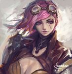  1girl breasts goggles goggles_on_head league_of_legends pink_hair portrait solo upper_body vi_(league_of_legends) 