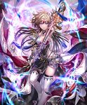  armor artist_request blonde_hair blue_eyes boots breasts cleavage crown cygames floating_rock gem gloves glowing glowing_sword glowing_weapon holding holding_sword holding_weapon irua long_hair magic_circle official_art roland_the_incorruptible scarf serious shadowverse sheath shingeki_no_bahamut sideboob small_breasts sword thigh_boots thighhighs unsheathing weapon white_footwear white_legwear 